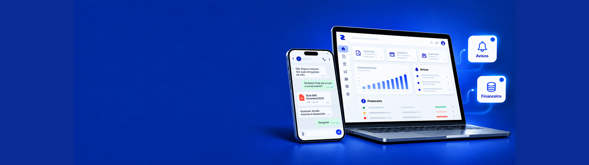 Plataforma JC Contábil com gestão financeira, avisos e atendimento integrado ao WhatsApp