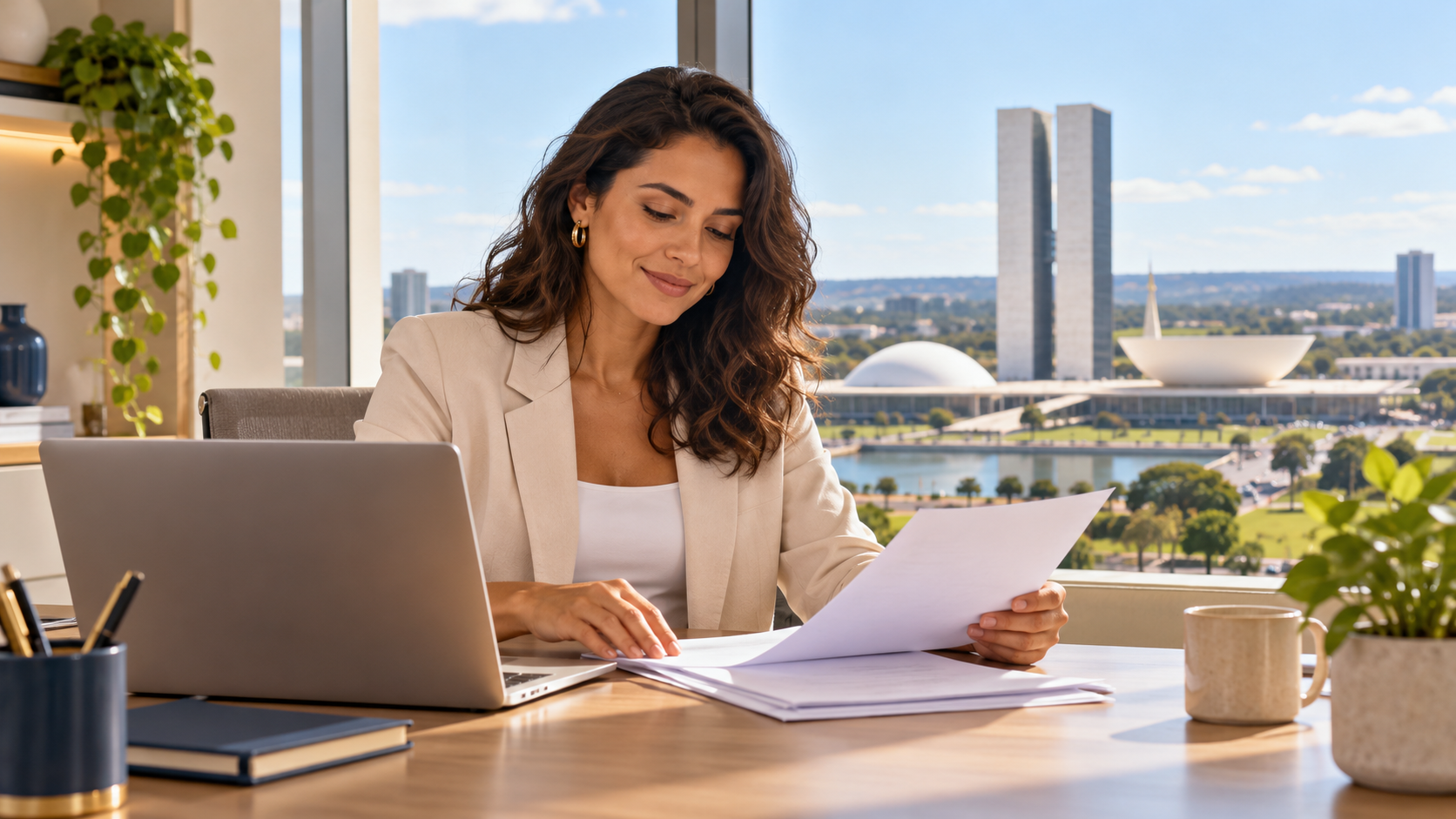Empreendedor organizando documentos em um escritório com vista para Brasília