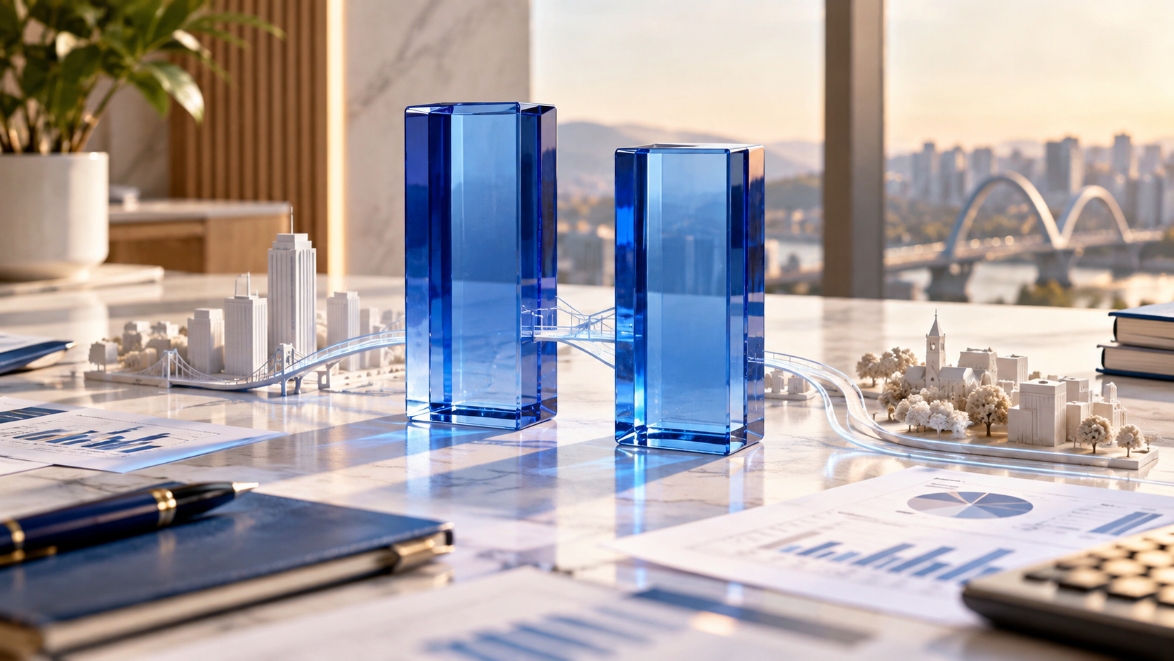 Dois pilares de vidro azul conectados a maquetes urbanas, representando CBS e IBS
